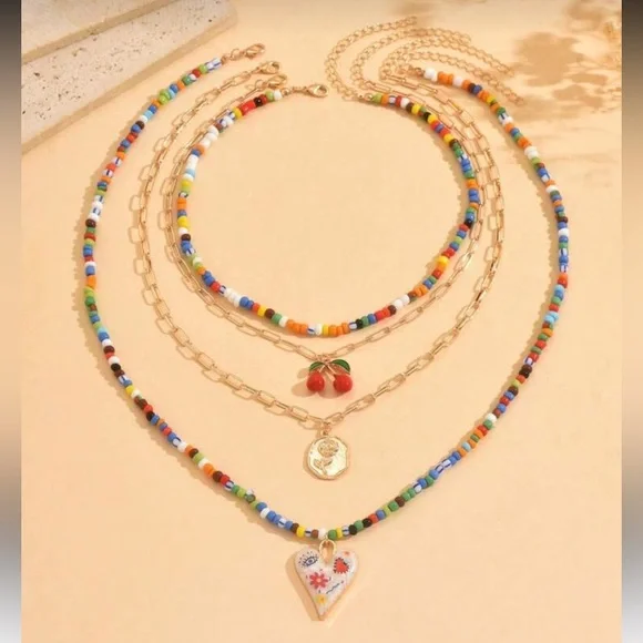 Colorful Beaded Heart Necklace Set M558 - Picture 3 of 5